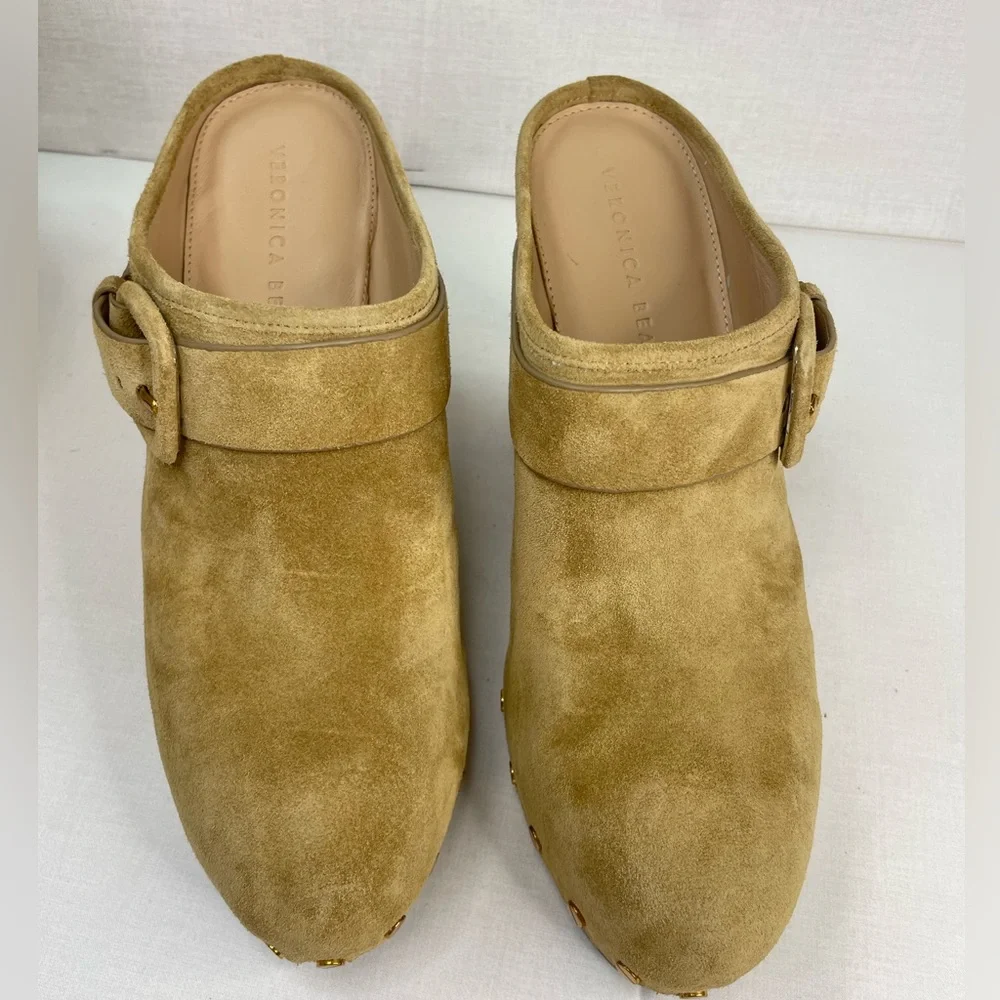 Veronica Beard Dacey Suede Studded Block Clogs in sand sz 10 M (F 655) - Picture 7 of 16